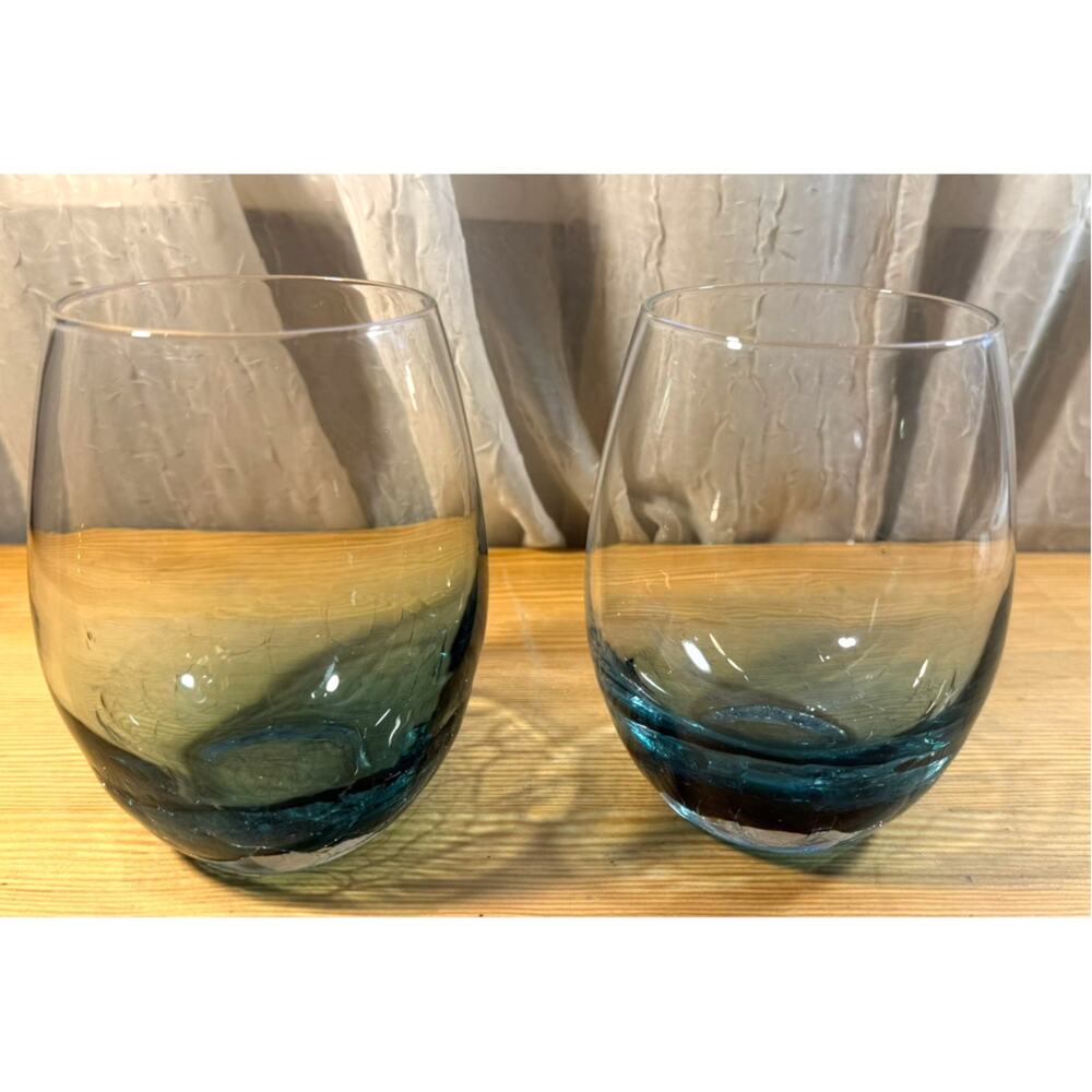 Pier 1 Crackle Stemless Wine Glasses Ombre Teal Blue Set of 2